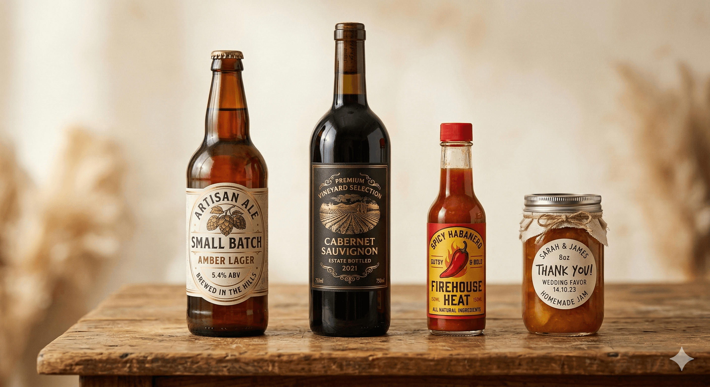 Artisan bottles with custom-designed labels — beer, wine, hot sauce, and mason jar